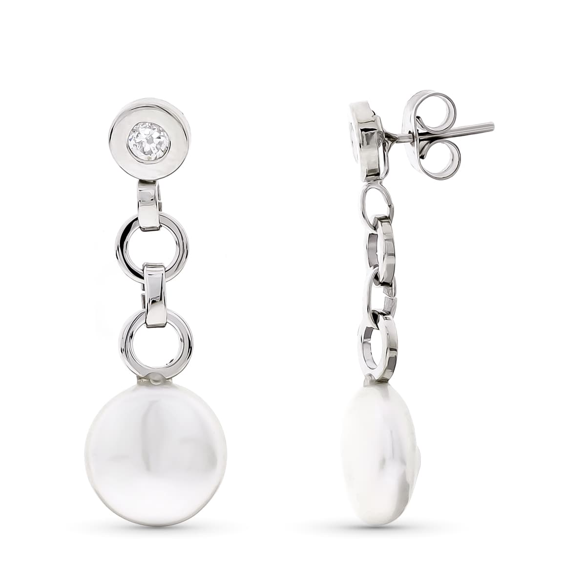 18K PENDIENTES ORO BLANCO LARGOS PERLA 10 MM Y CHATON CIRCONITA CIERRE PRESION