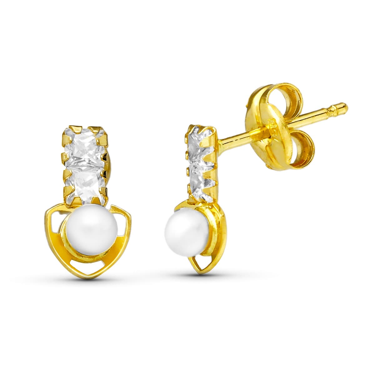 18K PENDIENTES ORO AMARILLO PERLA TRIANGULO 8X4 MM CIERRE PRESION