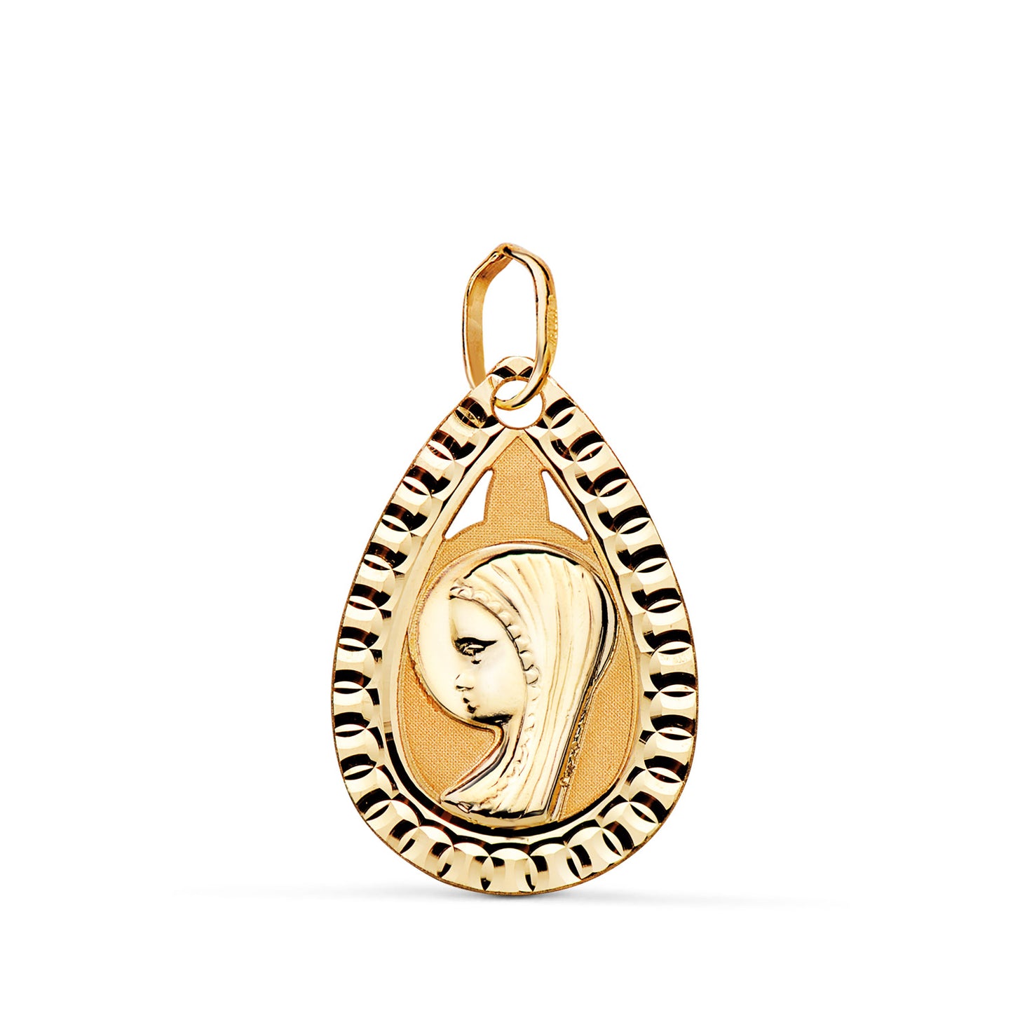 9K MEDALLA ORO AMARILLO VIRGEN NIÑA LAGRIMA TALLADA MATE Y BRILLO. MEDIDA: 20X13 MM
