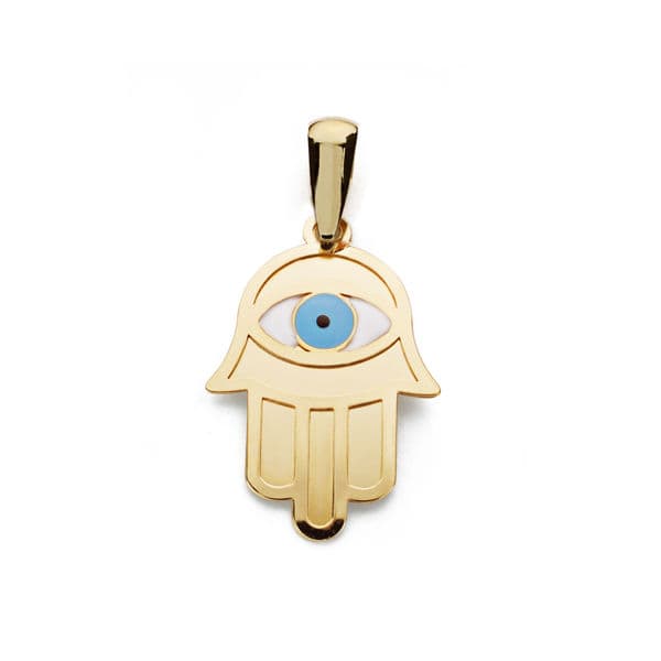 18K COLGANTE AMULETO ORO AMARILLO MANO DE FATIMA Y OJO TURCO 19X13 MM