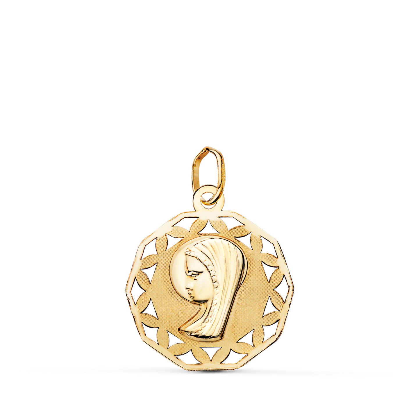 9K MEDALLA ORO AMARILLO VIRGEN NIÑA CALADA Y MATIZADA. MEDIDA: 19 X 16,5 MM