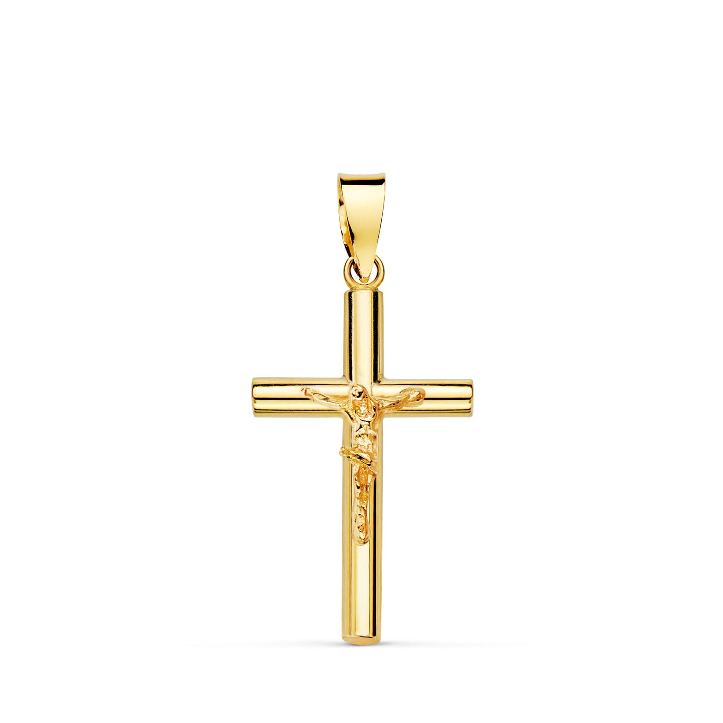 18K CRUZ ORO AMARILLO CON CRISTO TUBO 2,5 MM. MEDIDA: 21X13 MM