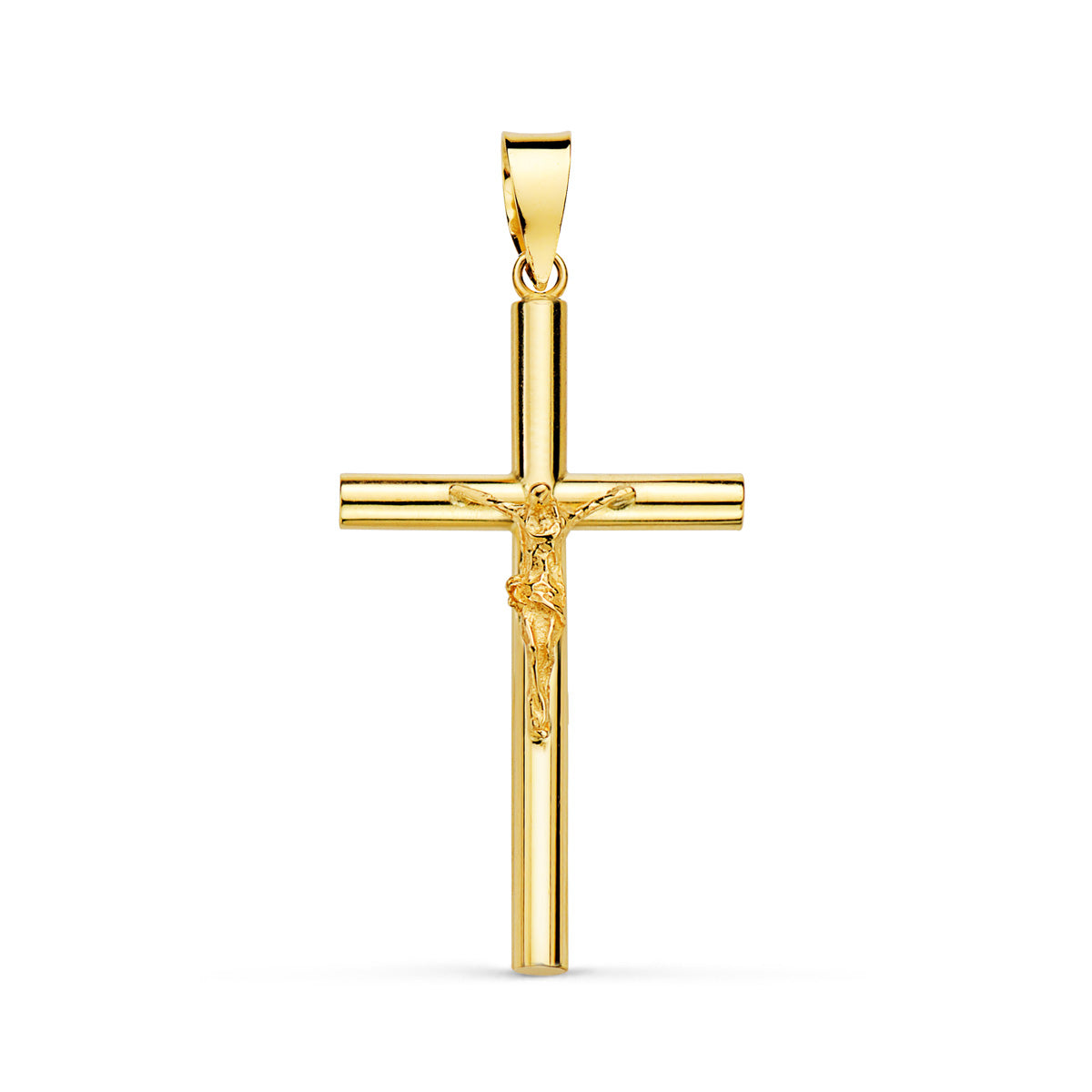 18K CRUZ ORO AMARILLO CON CRISTO HUECA TUBO 2.2 MM. 29X17 MM