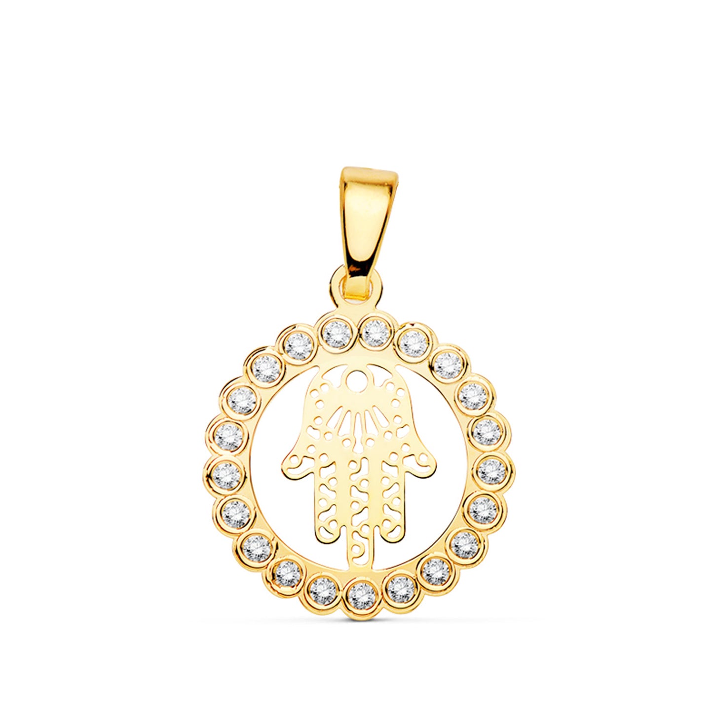 18K COLGANTE AMULETO ORO AMARILLO MANO DE FATIMA CIRCONITA 15 MM