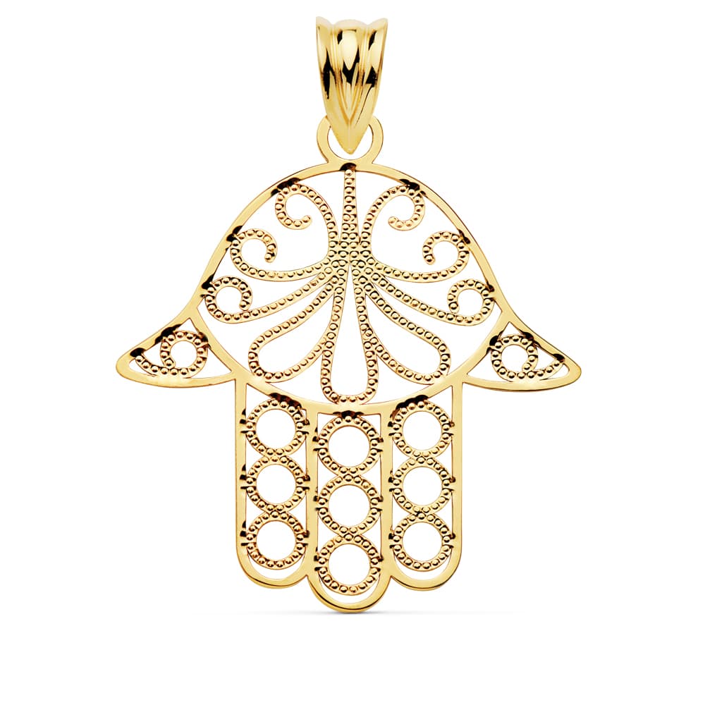 18K COLGANTE AMULETO ORO AMARILLO MANO DE FATIMA 30X30 MM