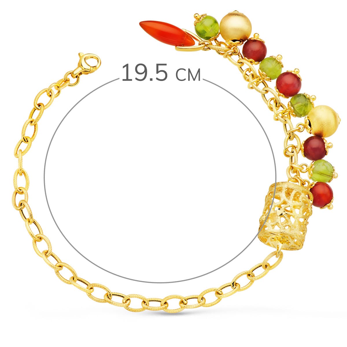 18K PULSERA ORO AMARILLO ESLABONES CON JAULA Y PIEDRAS LARGO 19.5 CM