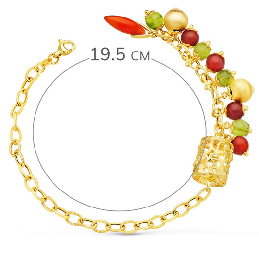 18K PULSERA ORO AMARILLO ESLABONES CON JAULA Y PIEDRAS LARGO 19.5 CM
