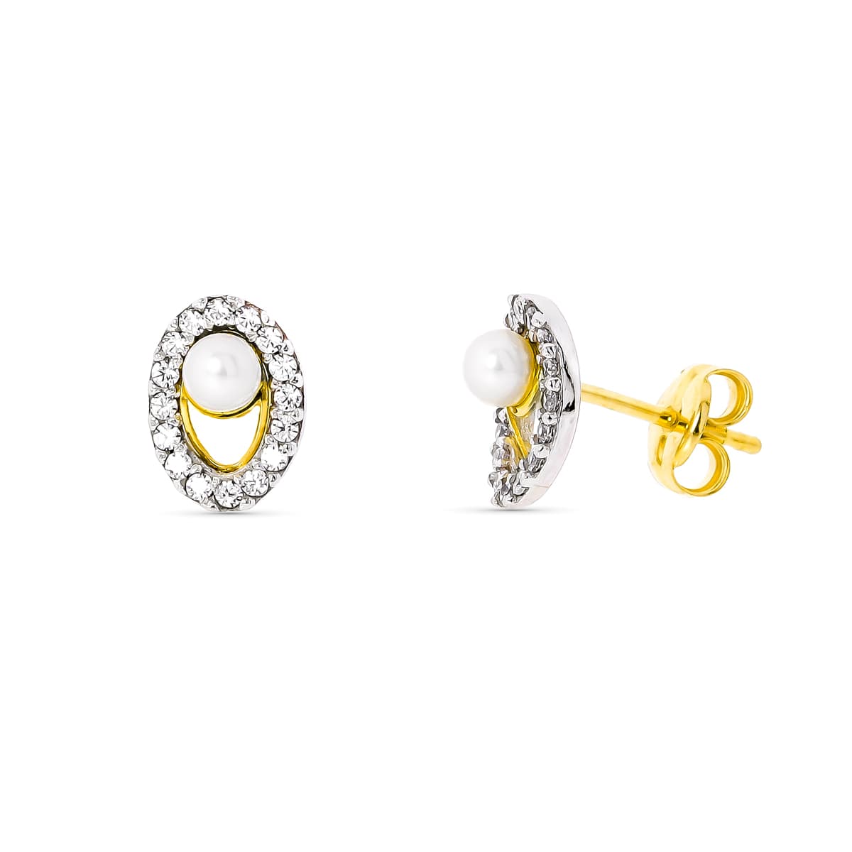 18K PENDIENTES ORO BICOLOR PERLA 3 MM 8X5 MM CIERRE PRESION