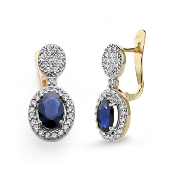 18K PENDIENTES ZAFIRO DIFUSION 1.24 QT Y CIRCONITA ORO BICOLOR 18X8 MM CIERRE CATALAN