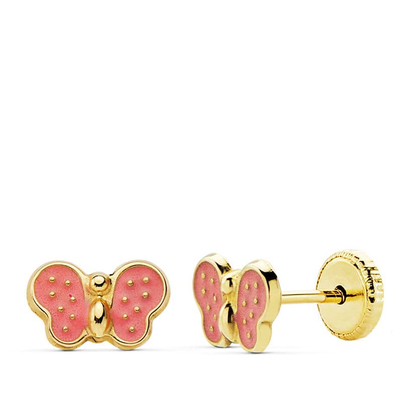 18K PENDIENTES MARIPOSA ESMALTE ROSA 7 X 5MM CIERRE TUERCA