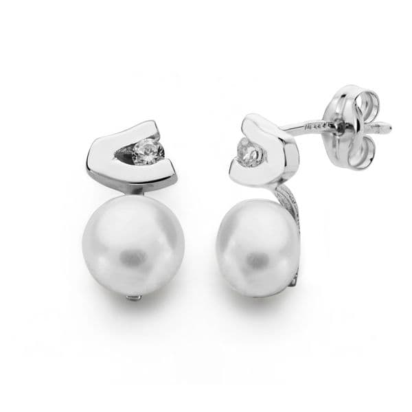 18K PENDIENTES ORO BLANCO PERLA CIRCONITA 11X6 MM CIERRE PRESION