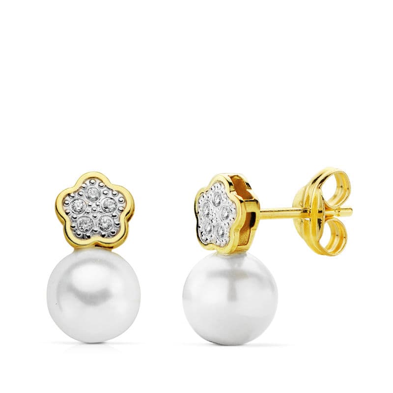 18K PENDIENTES COMUNION FLOR PERLA ORO BICOLOR 12X6 MM CIERRE PRESION