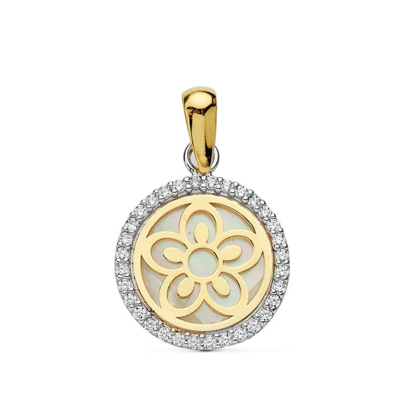 18K COLGANTE AMULETO BICOLOR FLOR NACAR 12 MM