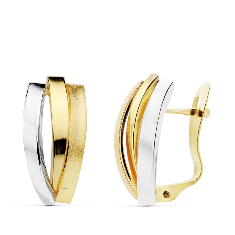 18K PENDIENTES ORO BICOLOR BANDAS 16X7 MM CIERRE CATALAN