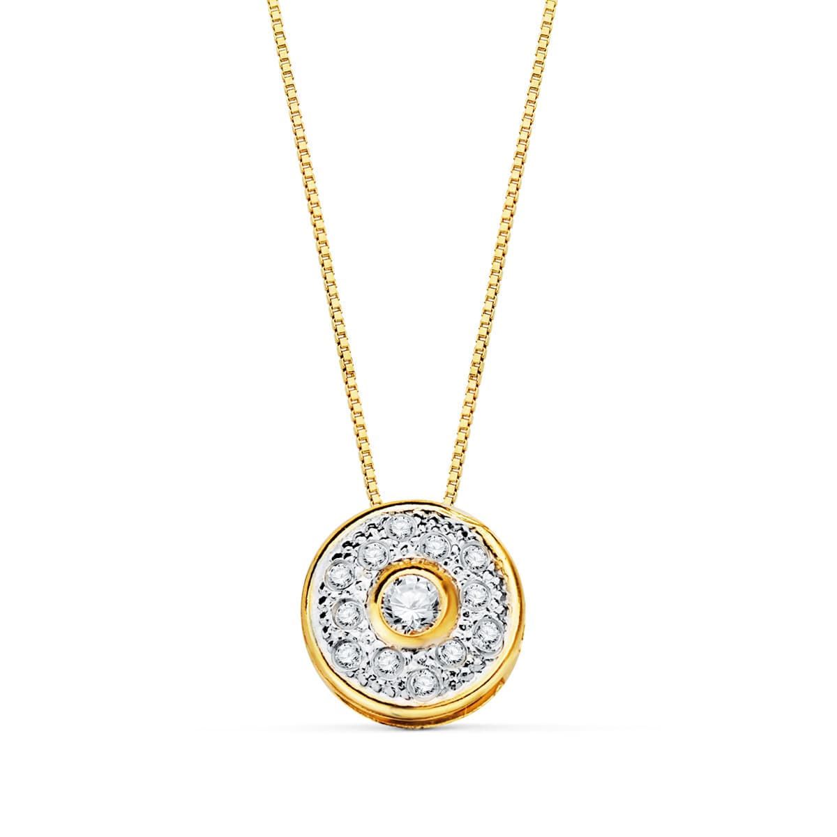 18K COLGANTE ORO BICOLOR REDONDO CON CIRCONITA 8 MM CADENA 42CM