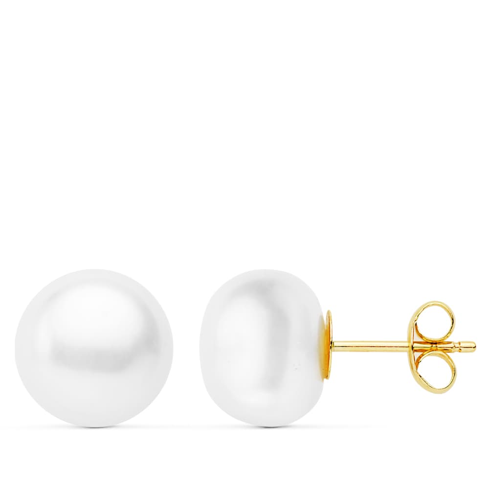 18K PENDIENTES PERLA BOTON ORO AMARILLO 9-9.5 MM CIERRE PRESION