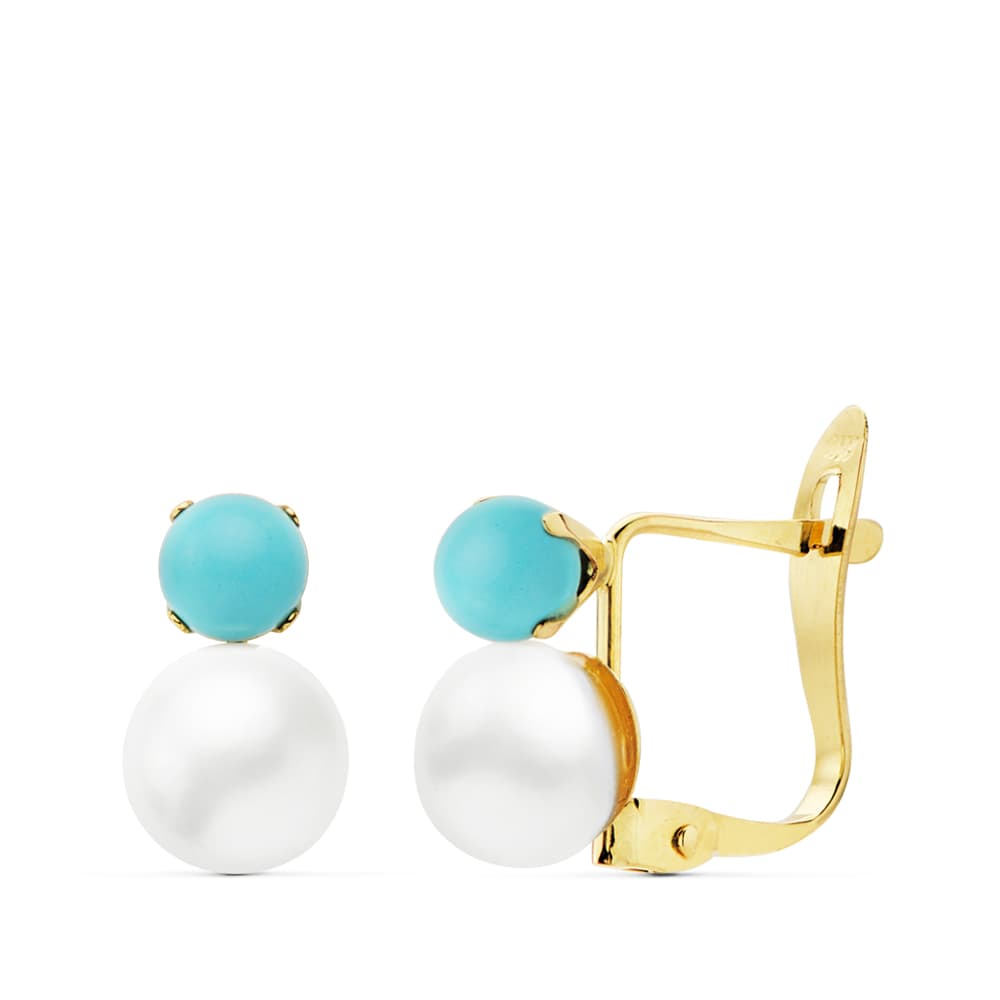 18K PENDIENTES ORO AMARILLO TURQUESA 3 MM PERLA 6 MM CIERRE CATALAN