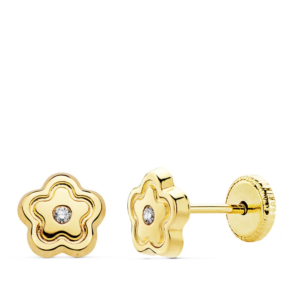 18K PENDIENTES ORO AMARILLO FLOR CIRCONITA 6X6 MM CIERRE TUERCA