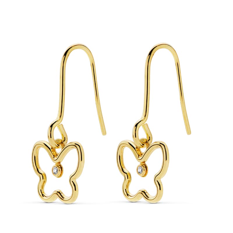 18K PENDIENTES ORO AMARILLO MARIPOSA CIRCONITA 19X9 MM CIERRE GANCHO
