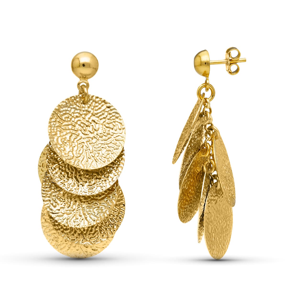 18K PENDIENTES ORO AMARILLO CIRCULOS LABRADOS CIERRE PRESION