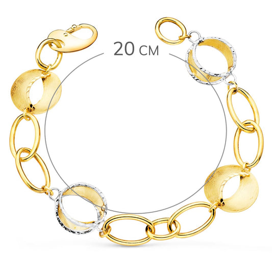18K PULSERA ORO BICOLOR ESLABONES OVALES Y MOTIVOS REDONDOS RAYADOS. 20CM