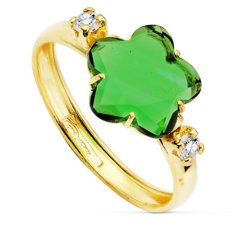 18K SORTIJA ORO AMARILLO CON CIRCONITA VERDE FORMA FLOR 10X10 MM.