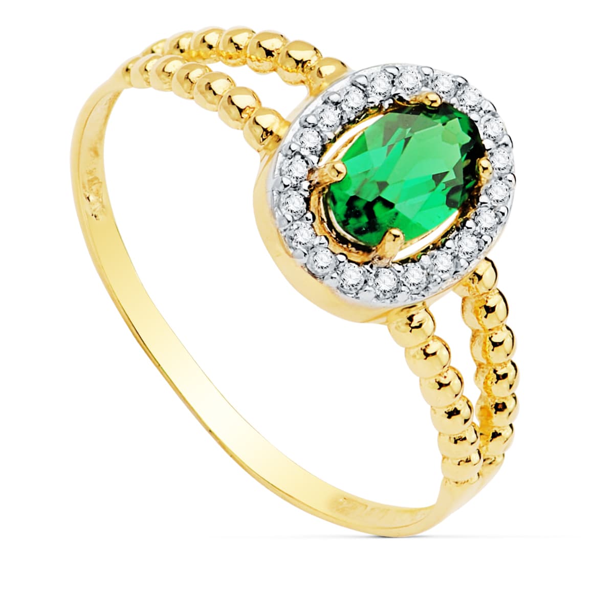 18K SORTIJA ORO BICOLOR ESMERALDA RECRISTALIZADA 6 X 4MM CON CIRCONITAS. ANCHO: 9,5 MM