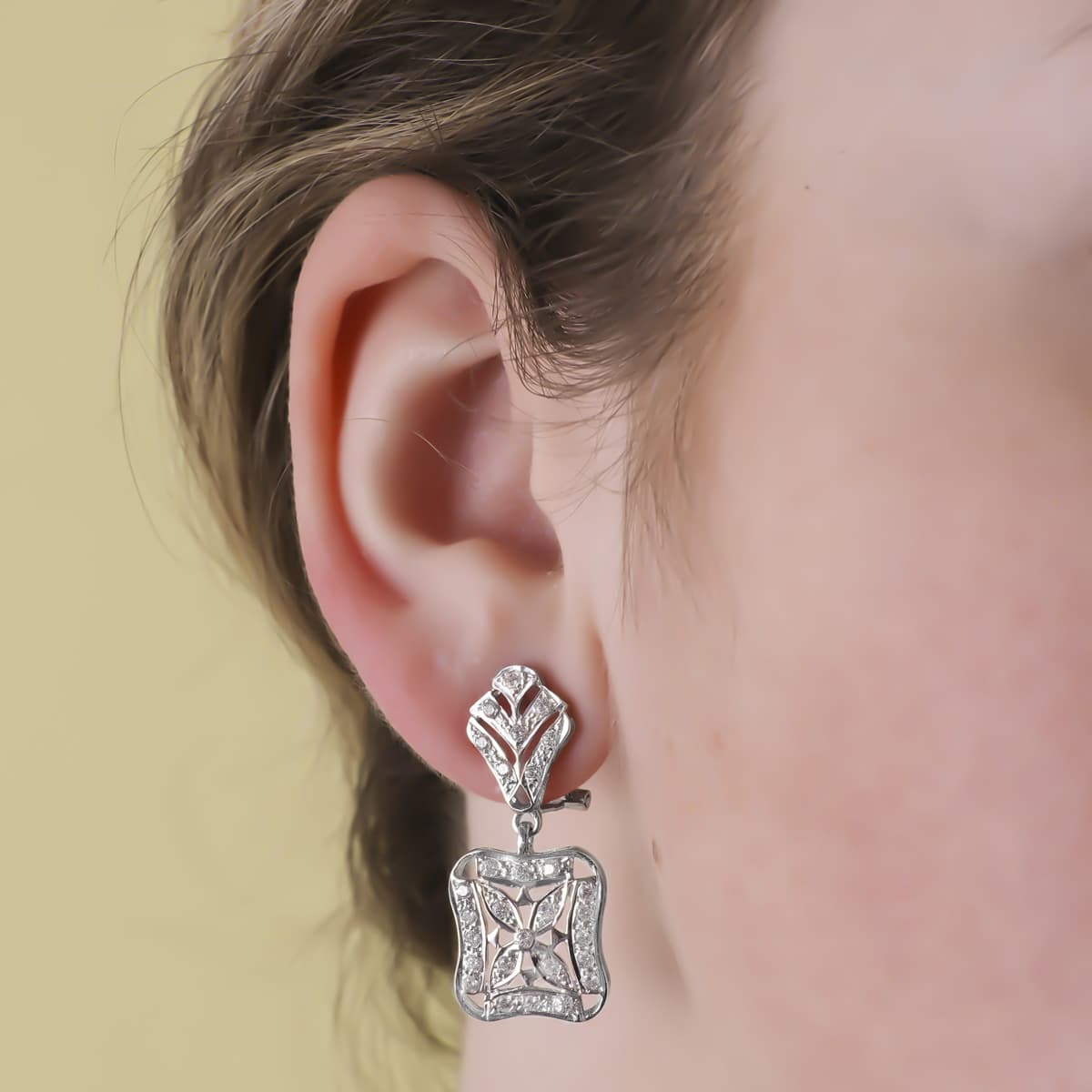 18K PENDIENTES ORO BLANCO JUEGO NOVIA DOBLE CUERPO 33X14 MM CIERRE OMEGA