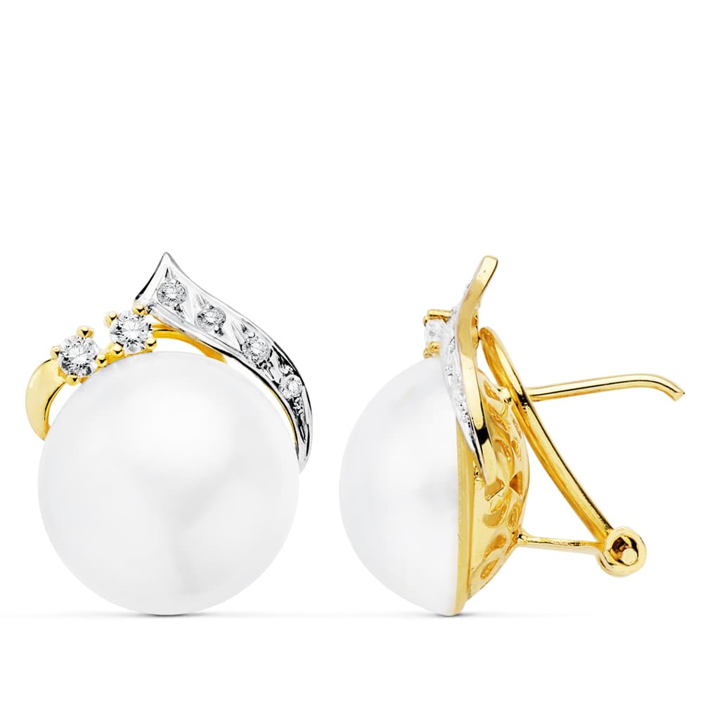 18K PENDIENTES BICOLOR PERLA JAPONESAS 14 MM CIERRE OMEGA