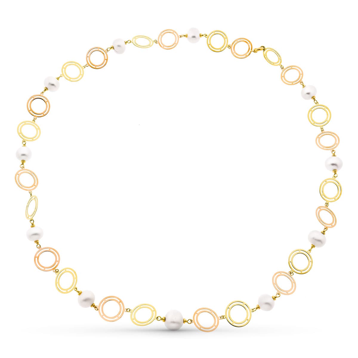 18K GARGANTILLA ORO BICOLOR AMARILLO Y ROSA PERLA CULTIVADAS 14 MM LARGO 85 CM
