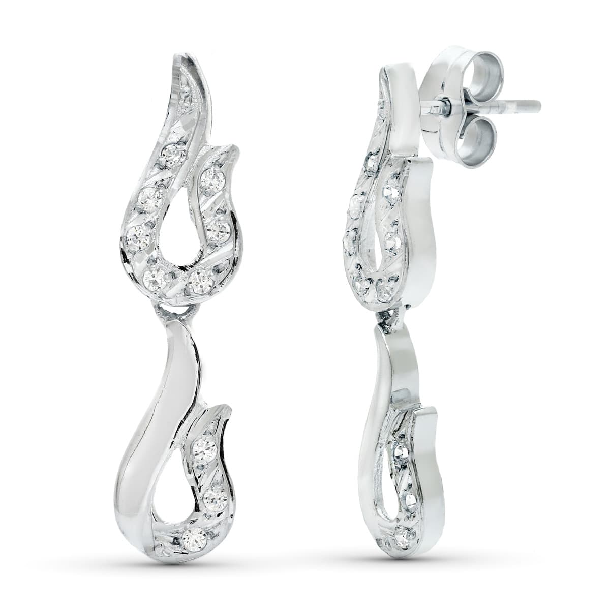 18K PENDIENTES ORO BLANCO JUEGO NOVIA DOBLE CUERPO CIRCONITA 26X7 MM PRESION