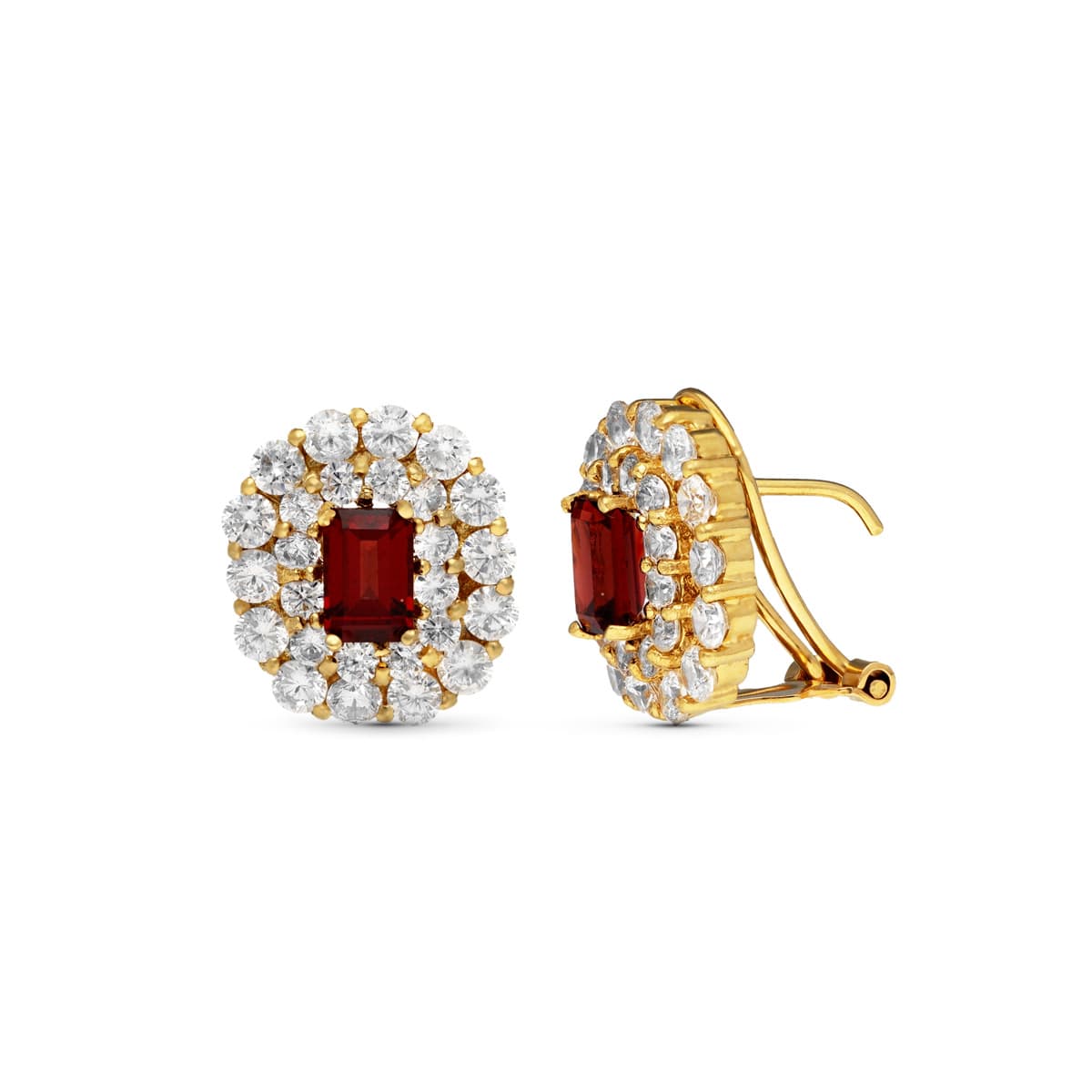 18K PENDIENTES ORO AMARILLO PIEDRA GRANATE 6X4 MM OMEGA