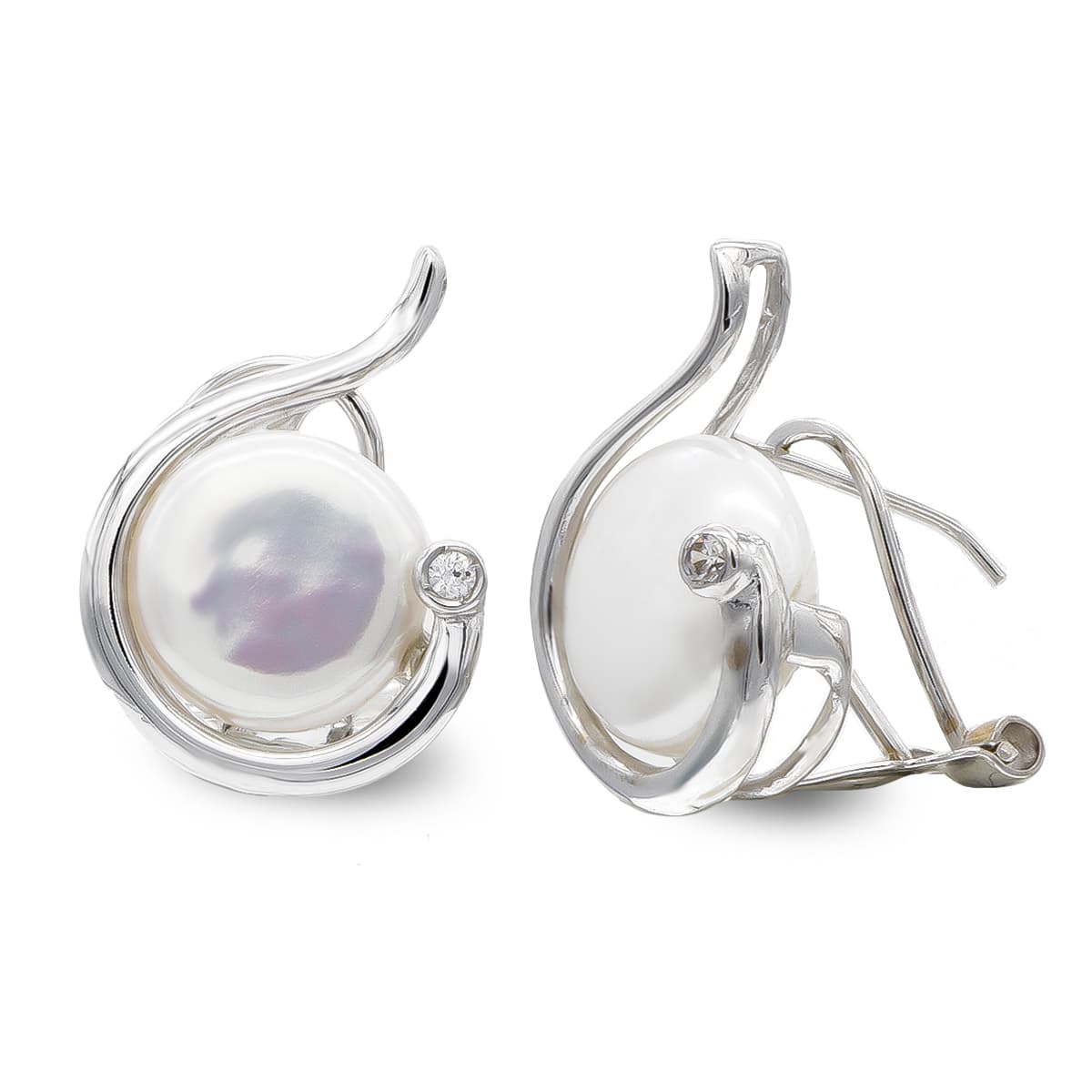 18K PENDIENTES ORO BLANCO PERLA BOTON 10 MM CIERRE OMEGA