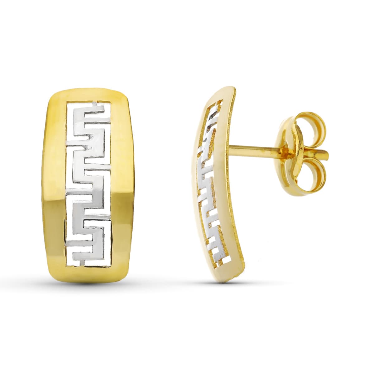 18K PENDIENTES ORO BICOLOR GRECA BRILLO 11X5.5 MM CIERRE PRESION