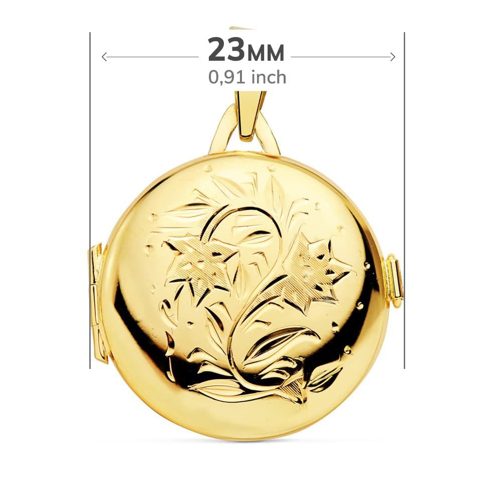 18K GUARDAPELO DIJE PORTAFOTOS ORO AMARILLO REDONDO LABRADO. 23 MM
