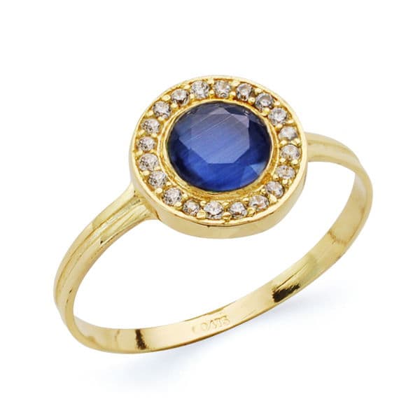 18K SORTIJA ORO AMARILLO MOTIVO REDONDO CON CIRCONITA AZUL Y BLANCAS. ANCHO: 9 MM