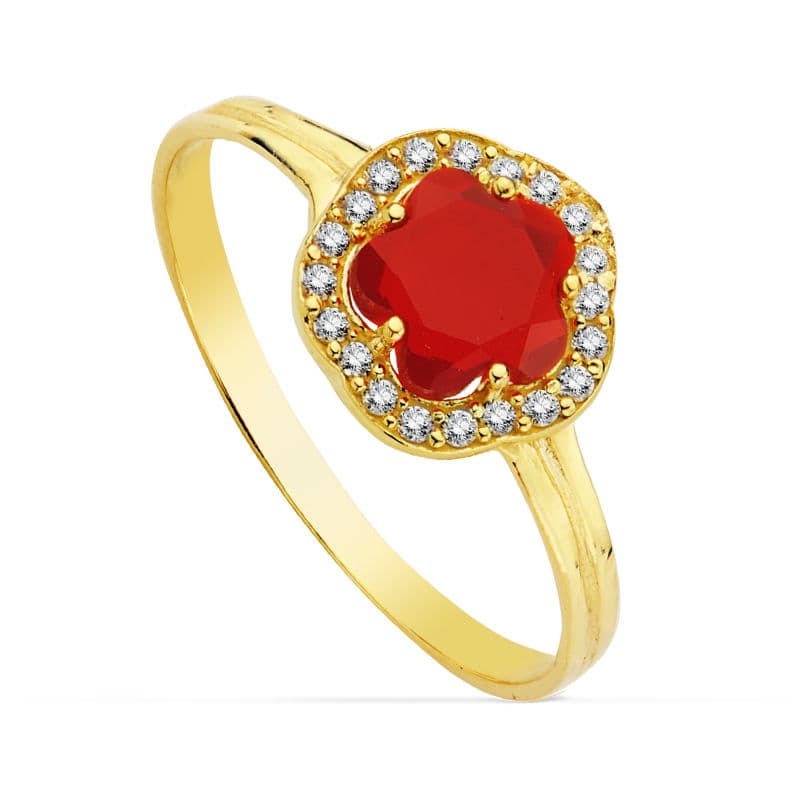 9K SORTIJA ORO AMARILLO CON ESTRELLA Y CIRCONITA ROJA. ANCHO: 9 MM