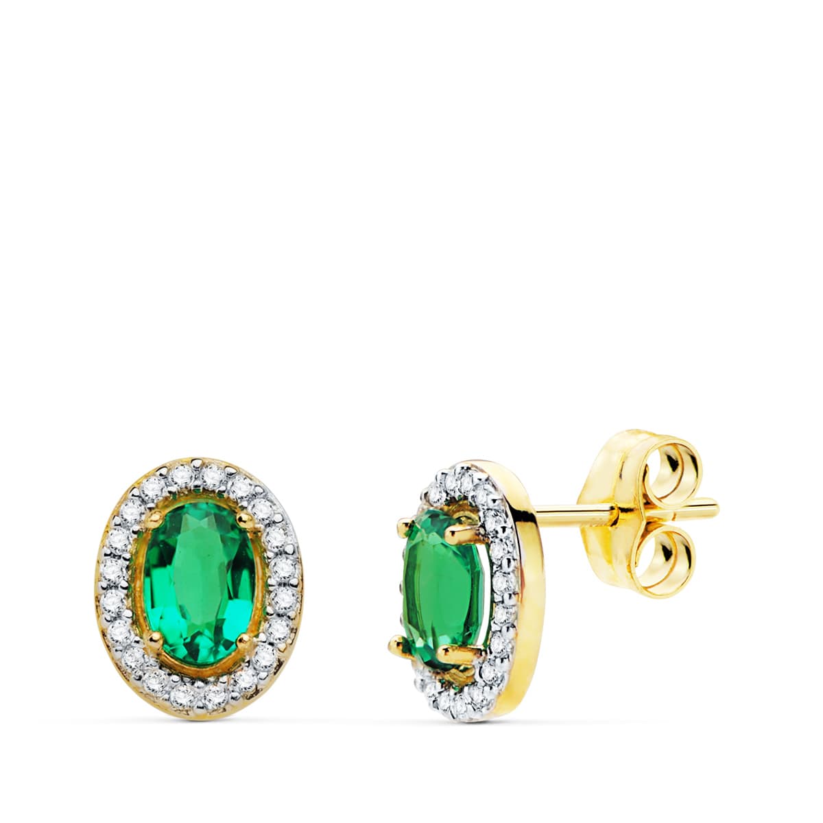18K PENDIENTES ORO AMARILLO OVAL ESMERALDA RECRISTALIZADA 0,98 QT. 6X4 MM CIERRE DE PRESION.