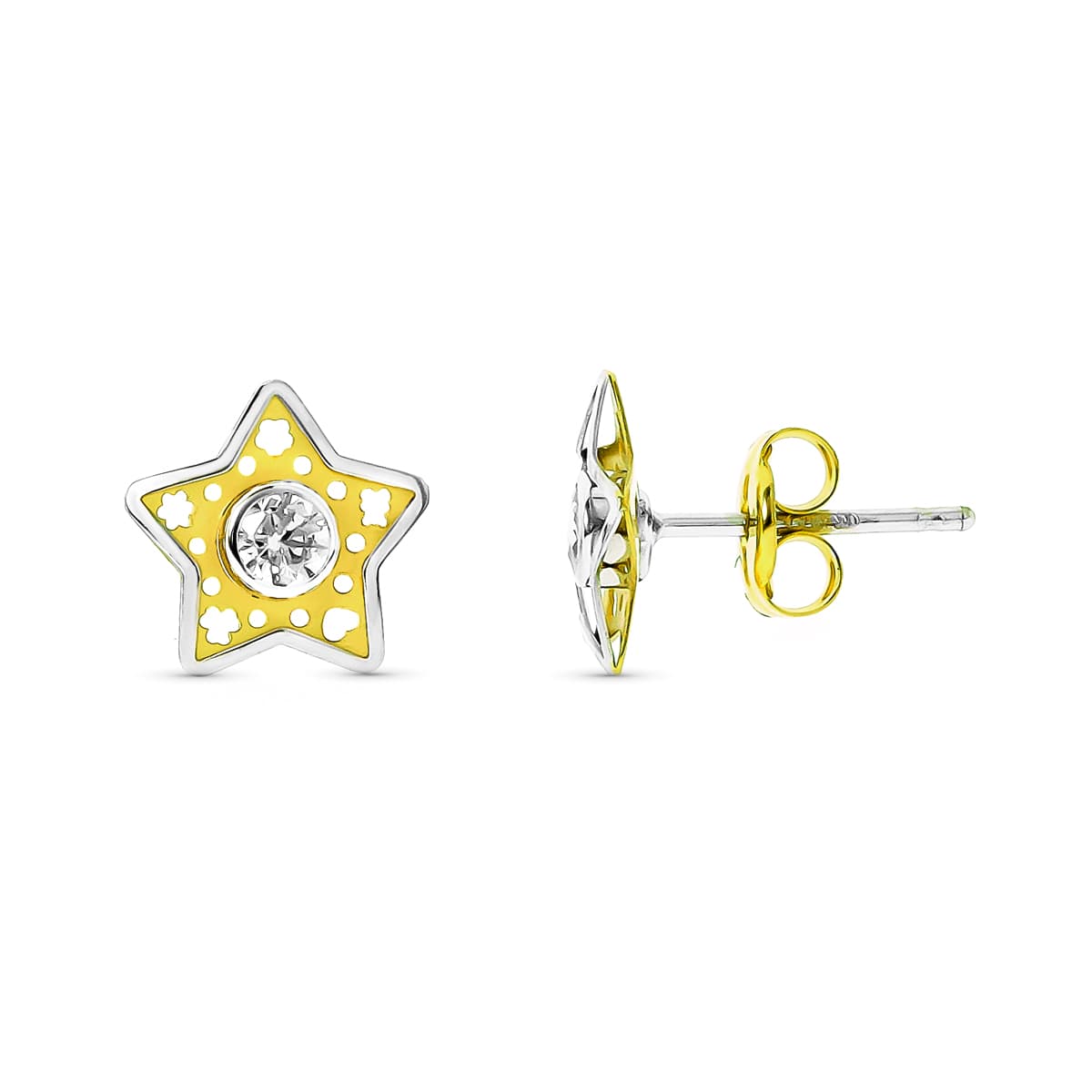 18K PENDIENTES ORO BICOLOR COMUNION ESTRELLA CIERRE PRESION