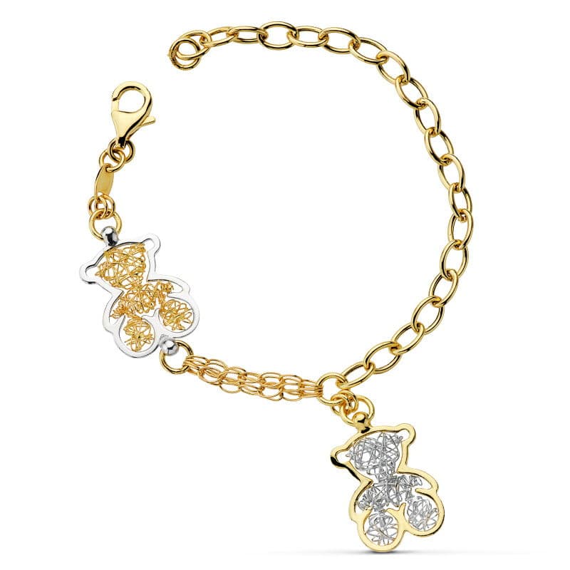 18K PULSERA BICOLOR OSOS Y ESLABONES 19CM
