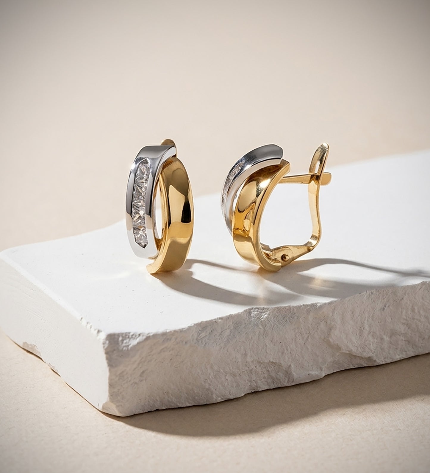 18K PENDIENTES ORO BICOLOR BANDAS Y CIRCONITA 15X8 MM CIERRE CATALAN
