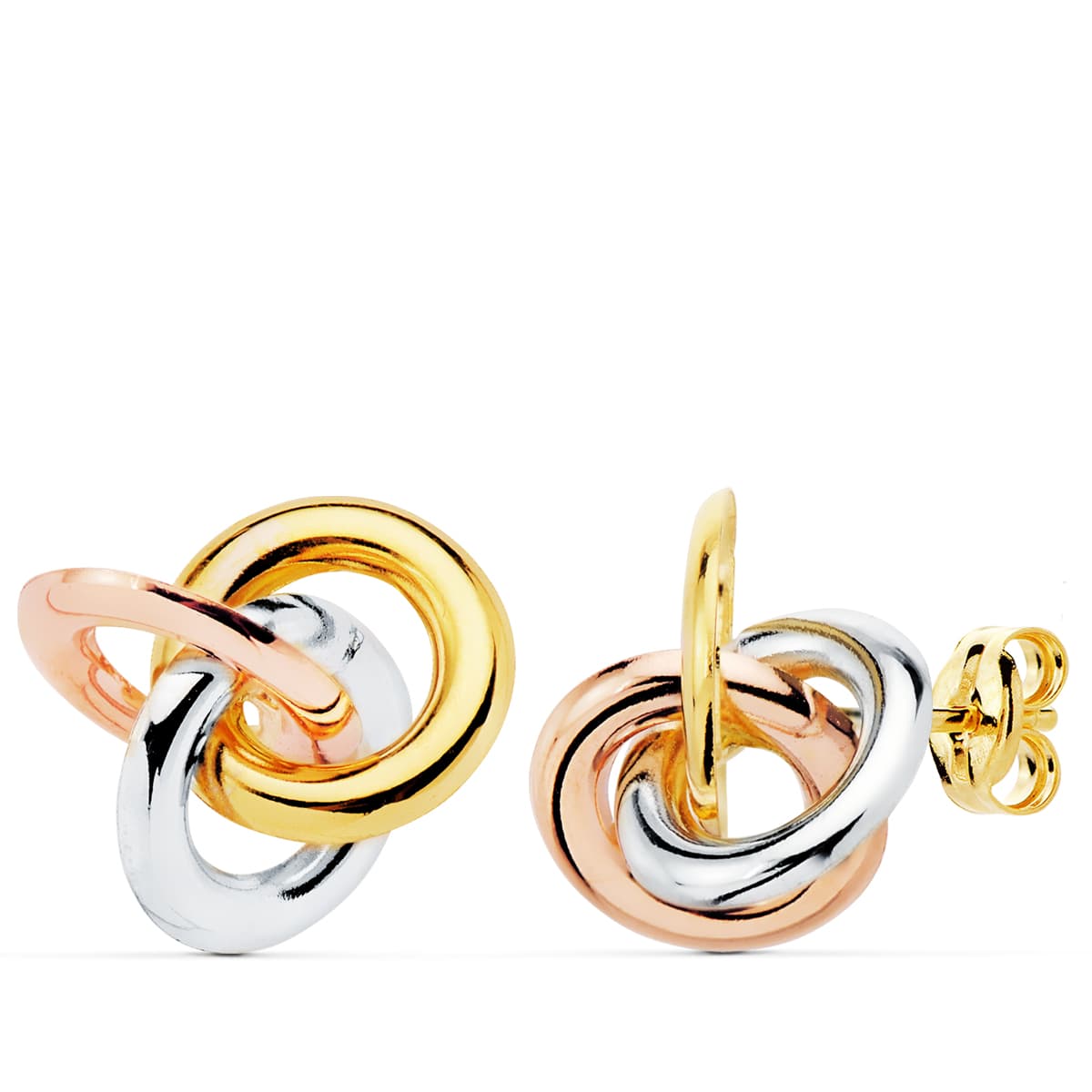 18K PENDIENTES NUDOS ORO TRICOLOR BRILLO 14X14 MM PRESION
