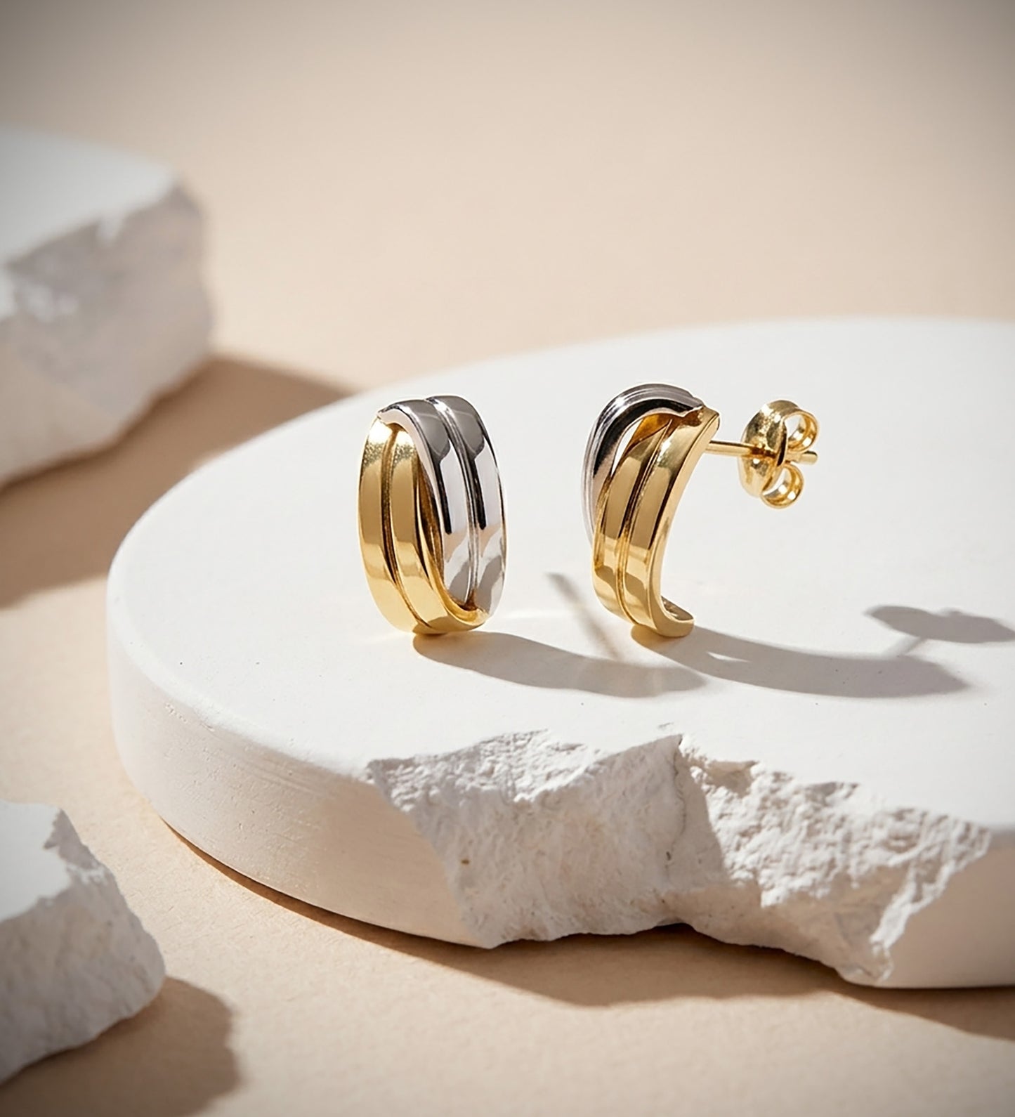 18K PENDIENTES ORO BICOLOR BANDAS LISAS. 13X7 MM CIERRE DE PRESION.