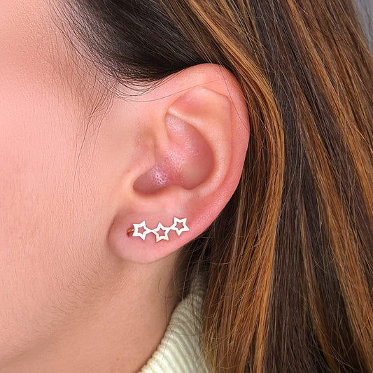 18K PENDIENTES ORO AMARILLO TREPADORES 3 ESTRELLAS 15X5 MM
