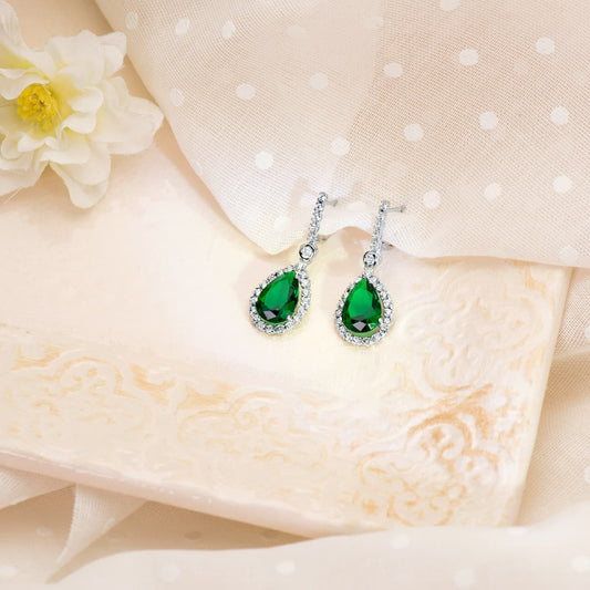 18K PENDIENTES ORO BLANCO DOS CUERPOS CON PIEDRA VERDE 12 X 8MM. 33X12MM CIERRE PRESION