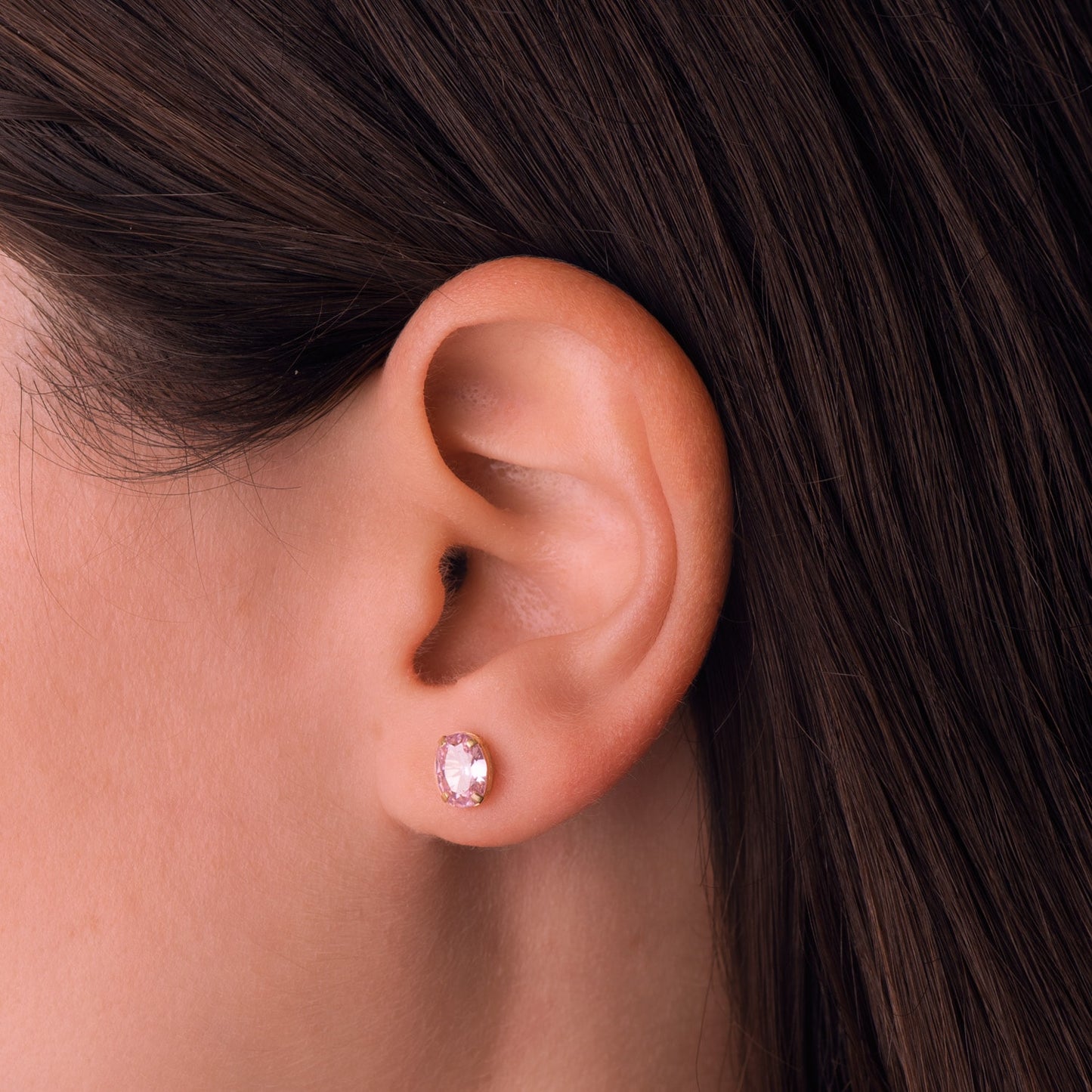 18K PENDIENTES ORO AMARILLO OVAL PIEDRA ROSA 7 X 5 MM. CIERRE PRESION