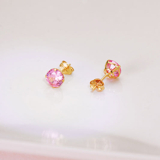 18K PENDIENTES ORO AMARILLO REDONDOS PIEDRA ROSA 6 MM. CIERRE PRESION