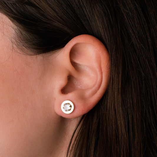 18K PENDIENTES ORO AMARILLO CERCO LISO Y CIRCONITA EN GARRAS 5MM. 9 MM CIERRE PRESION
