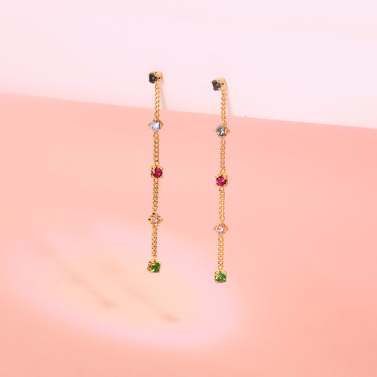 18K PENDIENTES ORO AMARILLO LARGOS CON CADENA Y CIRCONITA COLORES 39 MM. CIERRE PRESION