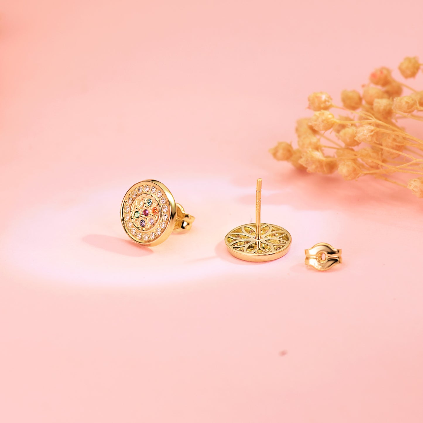 18K PENDIENTES ORO AMARILLO REDONDOS CON CIRCONITA MULTICOLOR 9 MM. CIERRE PRESION